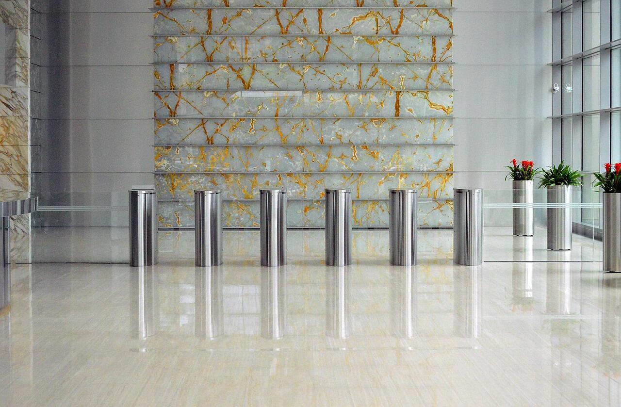 Turnstiles controlling access to office floors