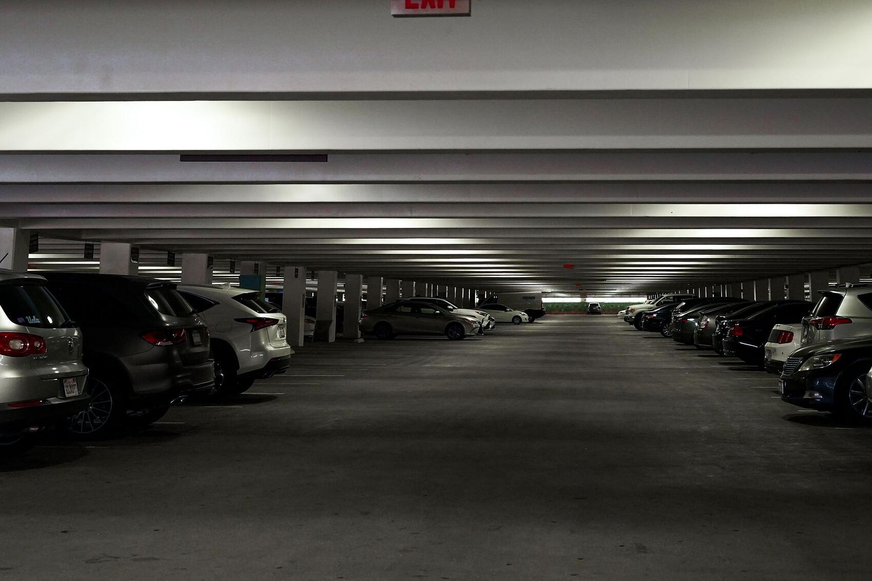 A lit parking level serving a shopping center