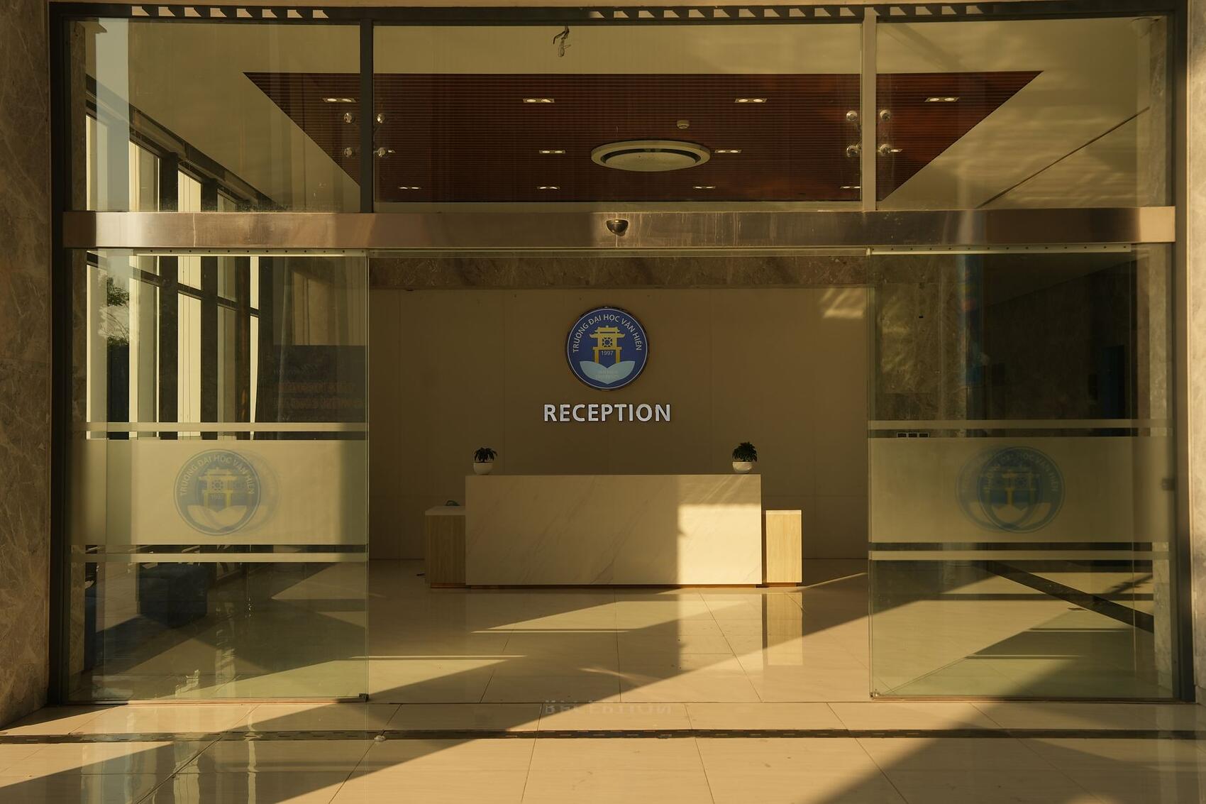 A reception desk in the lobby of an office building